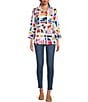 Color:Geometric Multiple - Image 3 - Woven Geometric Abstract Print Wire Collar 3/4 Bell Sleeve Button-Front Tunic