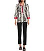 Color:Black White - Image 3 - Woven Pop Over Point Collar Cuffed 3/4 Sleeve Button Placket Printed Tunic