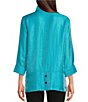 Color:Turquoise - Image 2 - Woven Shimmer Stand Ruffle Collar 3/4 Sleeves Button-Front Tunic