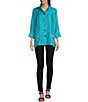 Color:Turquoise - Image 3 - Woven Shimmer Stand Ruffle Collar 3/4 Sleeves Button-Front Tunic