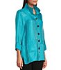 Color:Turquoise - Image 4 - Woven Shimmer Stand Ruffle Collar 3/4 Sleeves Button-Front Tunic