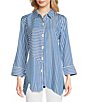 Color:Cobalt - Image 1 - Woven Stripe Print Point Collar 3/4 Cuffed Sleeve Uneven Hem Button Front Tunic