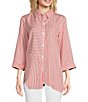 Color:Coral - Image 1 - Woven Stripe Print Point Collar 3/4 Cuffed Sleeve Uneven Hem Button Front Tunic