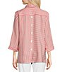 Color:Coral - Image 2 - Woven Stripe Print Point Collar 3/4 Cuffed Sleeve Uneven Hem Button Front Tunic