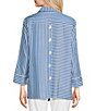 Color:Cobalt - Image 2 - Woven Stripe Print Point Collar 3/4 Cuffed Sleeve Uneven Hem Button Front Tunic
