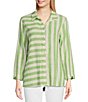 Color:Soft Lime - Image 1 - Yarn Dye Stripe Print Point Collar 3/4 Sleeve Button-Front Hi-Low Tunic