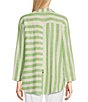 Color:Soft Lime - Image 2 - Yarn Dye Stripe Print Point Collar 3/4 Sleeve Button-Front Hi-Low Tunic