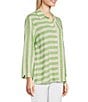 Color:Soft Lime - Image 3 - Yarn Dye Stripe Print Point Collar 3/4 Sleeve Button-Front Hi-Low Tunic