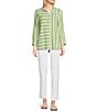 Color:Soft Lime - Image 5 - Yarn Dye Stripe Print Point Collar 3/4 Sleeve Button-Front Hi-Low Tunic