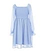 Color:Sky Blue - Image 1 - Big Girls 7-16 Long-Sleeve Smocked Square-Neck Tiered Dress
