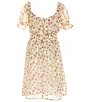 Color:Ivory/Marigold - Image 2 - Big Girls 7-16 Puffed Sleeve Ruched-Front Floral Print Peasant Dress