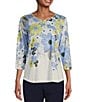 Color:Placed Daisy Cascade - Image 1 - Embellished Floral Print 3/4 Sleeve Crew Neck Knit Top