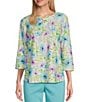 Color:Spring Bouquets - Image 1 - Floral Print 3/4 Sleeve Keyhole Neck Ruffle Knit Top