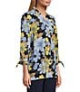 Color:Daisy Power - Image 3 - Floral Print Tie 3/4 Sleeve Y-Neck Button Front Top