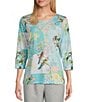 Color:Parrot Floral Patches - Image 1 - Parrot Floral Patches Print Embellished Crew Neck 3/4 Sleeve Knit Top