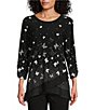 Color:Butterfly Fade - Image 1 - Petite Size Butterfly Print 3/4 Ruched Sleeve Crew Neck Ruffle Hem Knit Top
