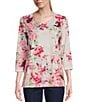 Color:Butterfly Border - Image 1 - Petite Size Embellished Butterfly Floral Print 3/4 Sleeve Scoop Neck Knit Top