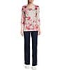 Color:Butterfly Border - Image 3 - Petite Size Embellished Butterfly Floral Print 3/4 Sleeve Scoop Neck Knit Top