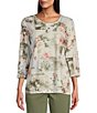 Color:Country Garden - Image 1 - Petite Size Embellished Country Garden 3/4 Sleeve Crew Neck Knit Top