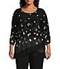 Color:Butterfly Fade - Image 1 - Plus Size Butterfly Print 3/4 Ruched Sleeve Crew Neck Ruffle Hem Knit Top