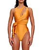 Color:Sunset Gold - Image 1 - Lada Cut-Out Side Tie One Piece Swimsuit