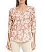 Color:Rose - Image 1 - Floral Print 3/4 Sleeve Notch Neck Waffle Tee Shirt