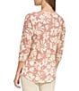 Color:Rose - Image 2 - Floral Print 3/4 Sleeve Notch Neck Waffle Tee Shirt