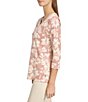 Color:Rose - Image 3 - Floral Print 3/4 Sleeve Notch Neck Waffle Tee Shirt