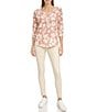 Color:Rose - Image 4 - Floral Print 3/4 Sleeve Notch Neck Waffle Tee Shirt