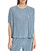 Color:Faded Denim - Image 1 - Pleated Plisse Crew Neck Short Sleeve Roll Cuff Coordinating Top