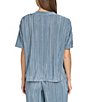 Color:Faded Denim - Image 2 - Pleated Plisse Crew Neck Short Sleeve Roll Cuff Coordinating Top