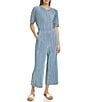 Color:Faded Denim - Image 4 - Pleated Plisse High Rise Wide Leg Coordinating Pull-On Pants