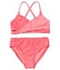 Color:Coral Multi - Image 1 - Big Girls 7-16 Tonal-Color Block Faux-Wrap Bikini Top & Coordinating Bikini Bottom