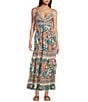 Color:French Peach - Image 1 - Floral Border Print V-Neck Open Knot Front Maxi Dress