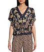 Color:Charcoal - Image 1 - Floral Printed Flutter Sleeve Tie Front Coordinating Top