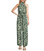 Color:Green - Image 3 - Tie Waist Small Tropical Leaf Print Split Leg Pants