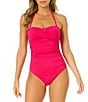 Color:Magenta - Image 3 - Live In Color Twist Front Shirred Bandeau Removable Strap One Piece Swimsuit
