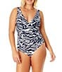 Color:Navy/White - Image 1 - Zebra Shadow Plunge V-Neck Front Shirred One Piece Swimsuit