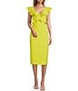 Color:Lime - Image 1 - Ainsley Scuba Crepe Ruffle Bodice V-Neck Cap Sleeve Midi Dress