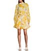 Color:Yellow Floral - Image 3 - Edie Floral Banded Collar Gold Detail Button Down Coordinating Linen Blouse
