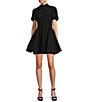 Color:Black - Image 1 - Iris Linen Blend Floral Applique Mock Neck A-Line Mini Dress