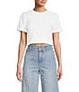 Color:White - Image 1 - Lexi Linen Crew Neck Short Sleeve Cropped Top