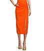 Color:Mandarin - Image 1 - Penny Linen Blend Faux Wrap Front Slit Coordinating Midi Skirt
