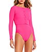 Color:Bright Pink - Image 3 - Solid Cropped Button Front Swim Cardigan