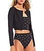 Color:Black - Image 1 - Solid Cropped Button Front Swim Cardigan