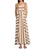 Color:Ivory/Winter - Image 2 - x M.G. Style Jenny Stripe Square Neckline Linen Blend Maxi Dress