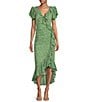 Color:Green Blue - Image 1 - Vilma Floral Print V Neck Short Sleeve Ruffle Midi Dress