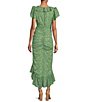 Color:Green Blue - Image 2 - Vilma Floral Print V Neck Short Sleeve Ruffle Midi Dress