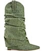 Color:Green - Image 2 - Sinead Denim Studded Foldover Scrunch Shaft Western Mid Boots