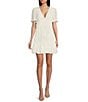 Color:White - Image 1 - Flutter Short Sleeve V-Neck Ruffle Trim Floral Printed Dress